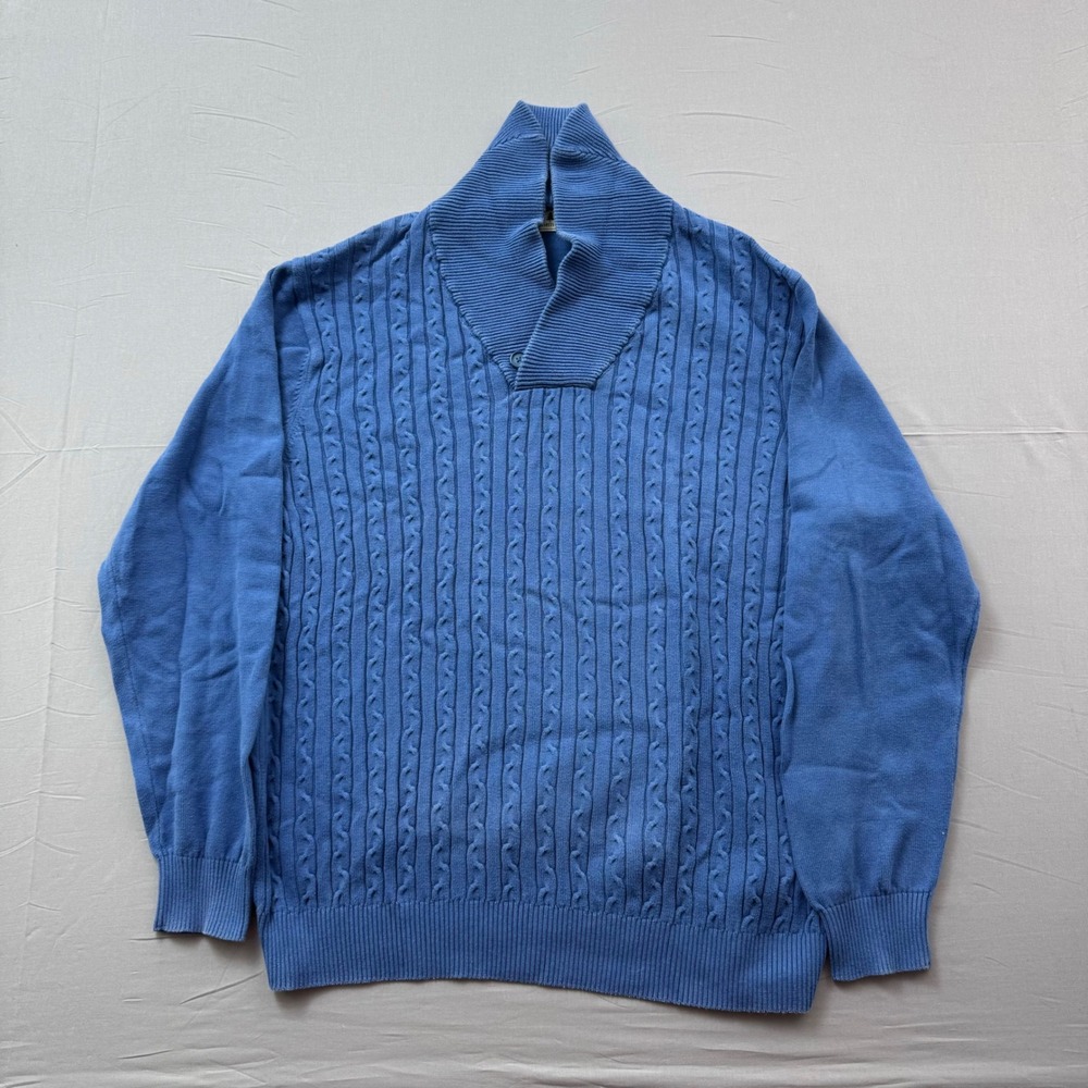 Southern Pines Mens XL Blue Cable Knit Shawl Collar Cotton Sweater Pullover